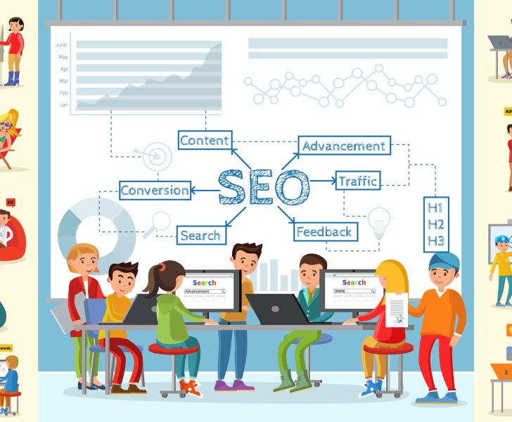 Business analysis infographic concept with people working in office on optimization of main seo strategy indicators vector illustration